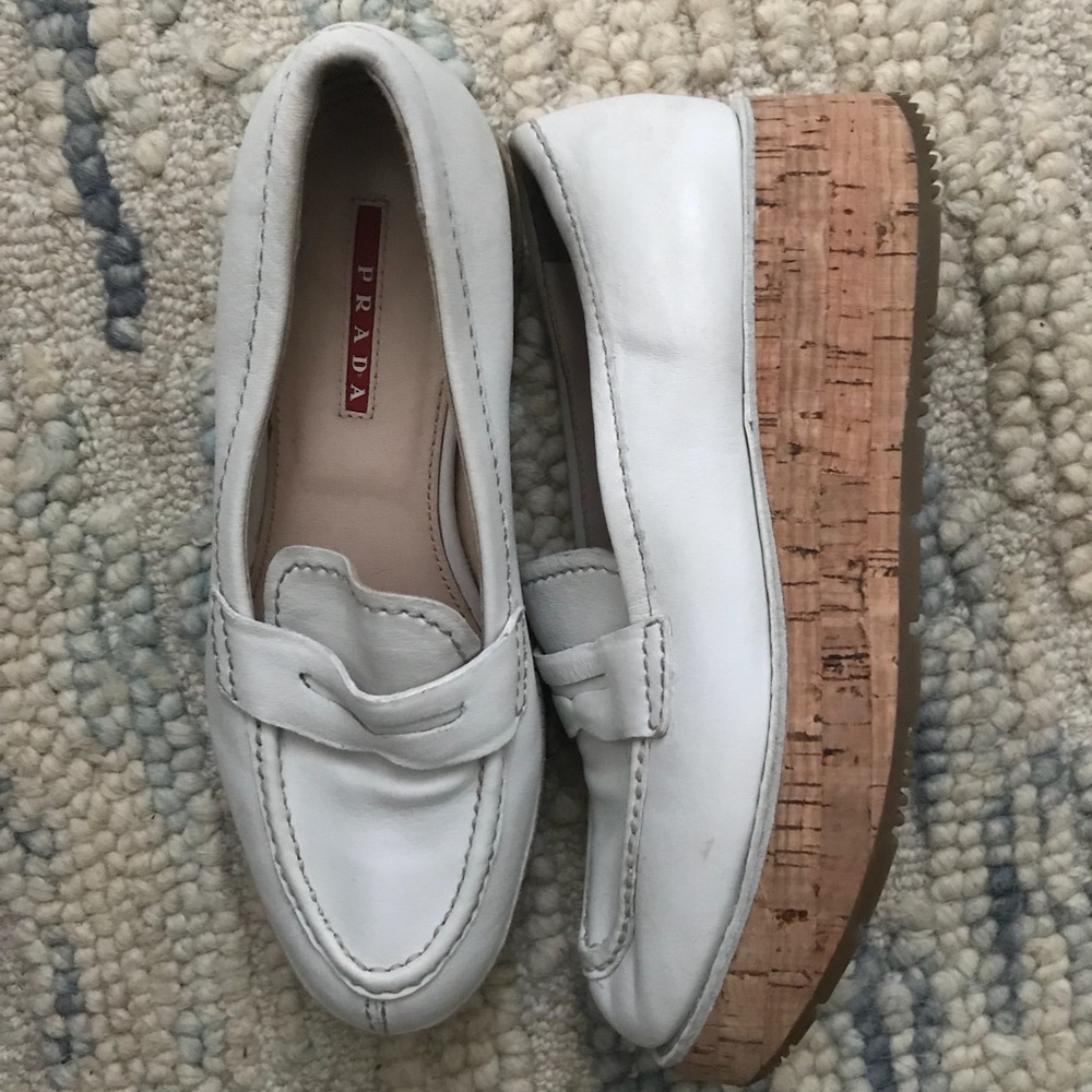 White Prada platform captoe loafers